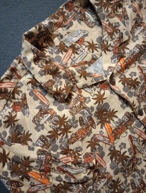 Vintage Ocean Coast Surf Print Button-Up Shirt Orange Brown Mens X I'mXLarge